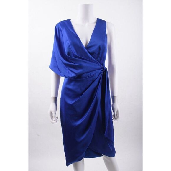 Theia Womens Candace Wrap Satin Cocktail Dress Sz 6 Blue Draped V-Neck NWT - Picture 1 of 6